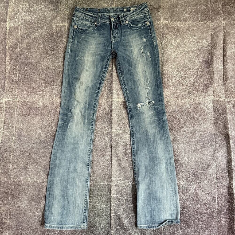 Women's Vintage Y2K Miss Me Mid Rise Bootcut Orion Distressed Blue Jeans Sz 28